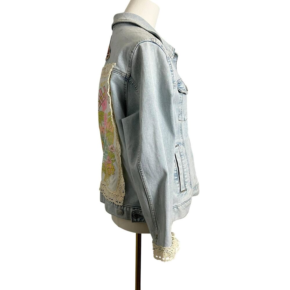OOAK Upcycled Billabong Denim Jacket Womens XL Surf Boho Lace Patchwork - Picture 4 of 12